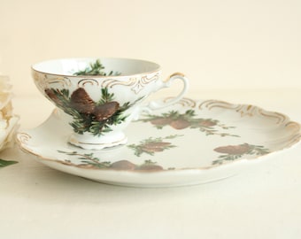 Vintage 1940s 1950s Tea Cup and Saucer Set, Pinecone Pattern, Gold Trim, Large Shell Shape Saucer