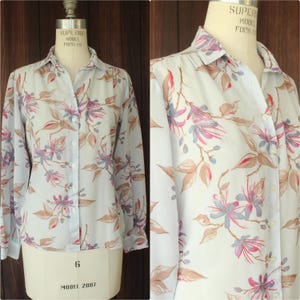 Vintage 1980s 1990s Blouse, Pale Blue Gray Chiffon with a Floral Print Button Down