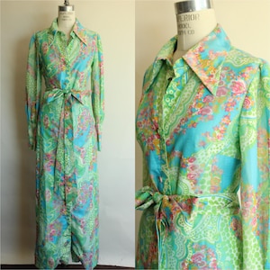 Vintage 1970s Hostess Dress, Volup JS Full Length Maxidress, Pastel Green and Blue Floral Mod Print