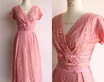 Vintage 1940s 1950s  Dress with Belt, Pink Lace with Bows
