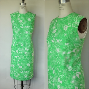 Vintage 1960s Dress, Volup Fritzi Green and White Floral Print Sleeveless