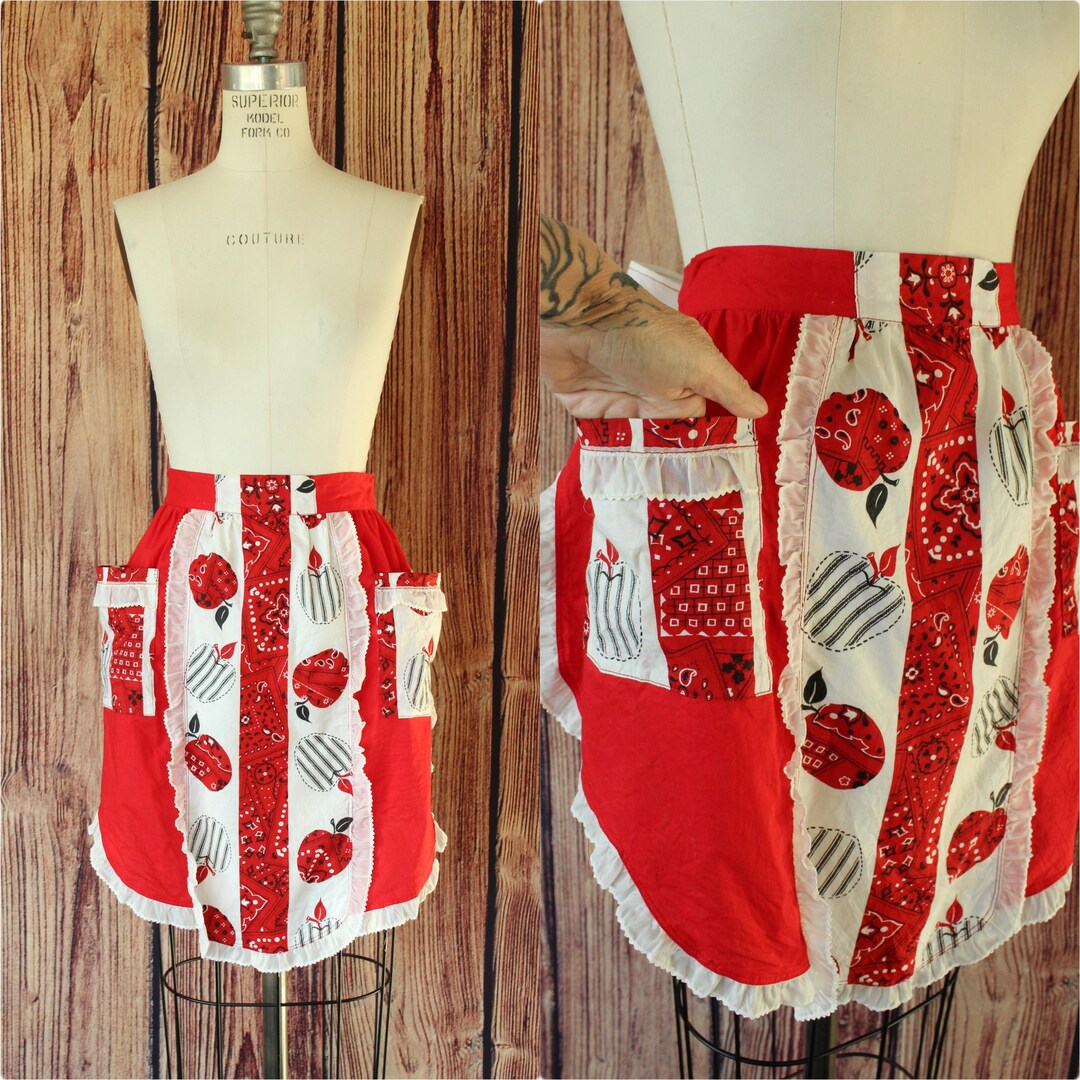 GOOD PRINT 60's〜 VINTAGE WORK APRON USA Vintage 1960s Apron With Pocket, Red and White Country Print