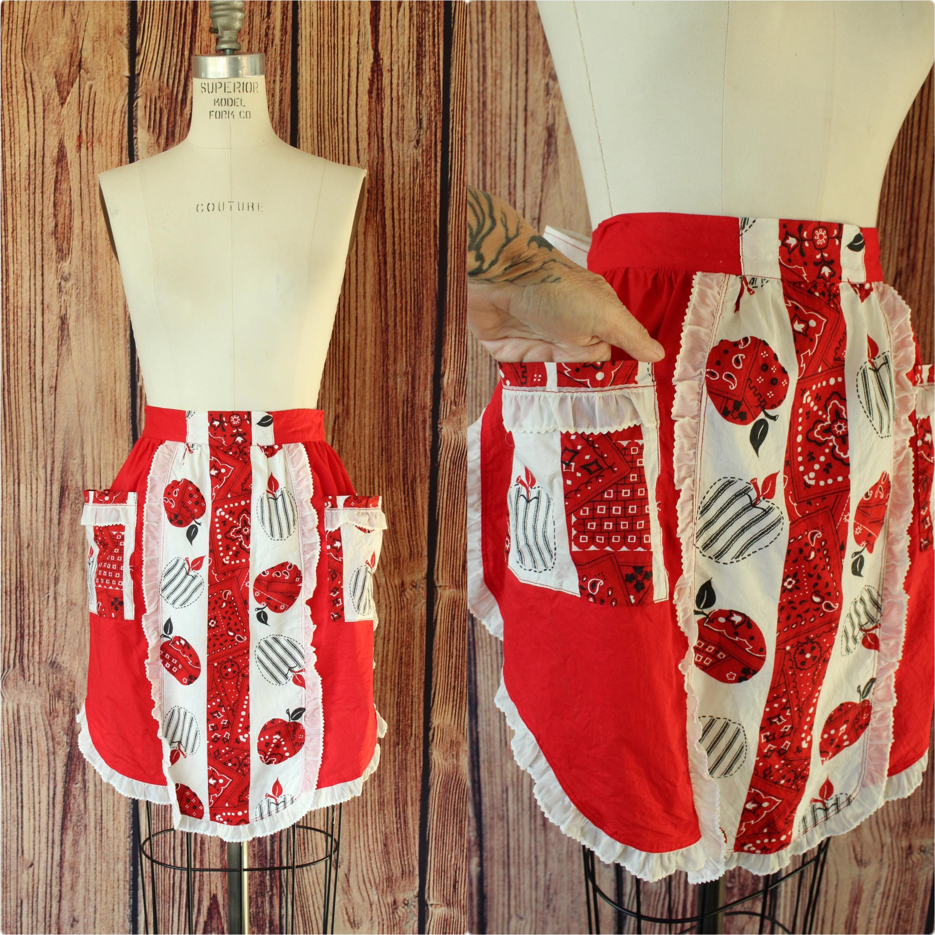 Vintage 1960s Apron With Pocket, Red and White Country Print