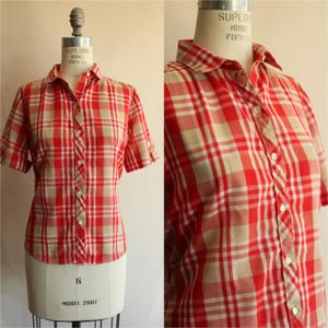 Vintage 1980er Jahre Bluse, Russ Petites Kariertes Tartan Kurzärmeliges Hemd mit kurzen Ärmeln
