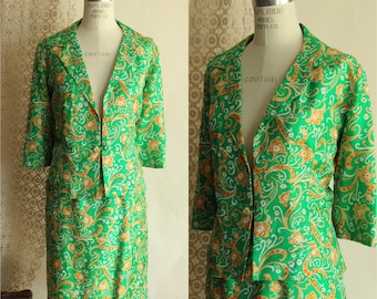 Vintage 1960s Suit, Green and Gold Silk Jacket and Skirt with Pockets, Two Piece Outfit, Mod Style