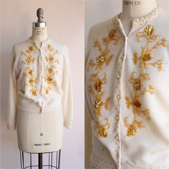 Women's Vintage Black & Gold Hand Beaded Cardigan M/L