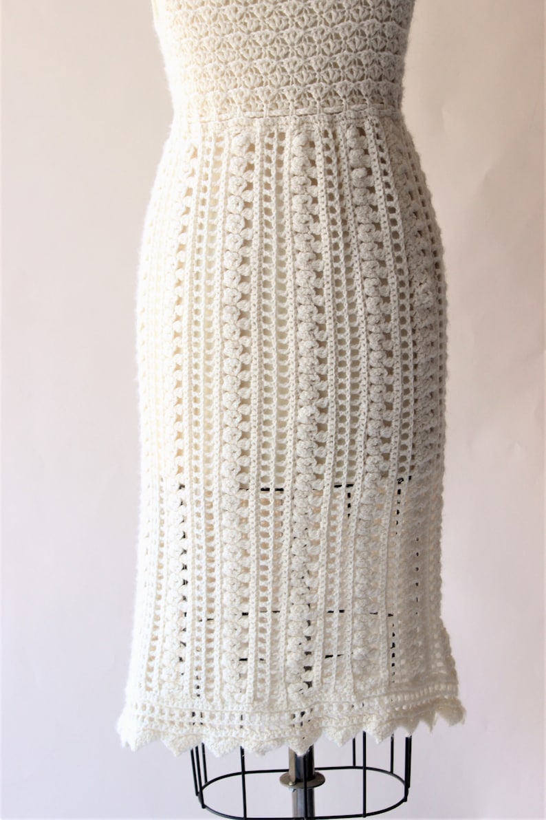 Vintage 1960s Dress Ivory Knit Or Crochet Sheath Sweater Dress with Drawstring Waist