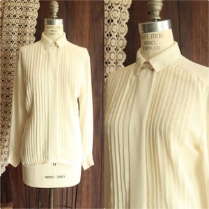 Vintage 1980s 1990s Blouse, Josephine White Shirt With Pleated Front and Hidden Buttons, Grandma Core