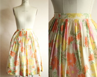 Vintage 1960s Skirt,  Silk Full Circle Pastel Floral Pleated