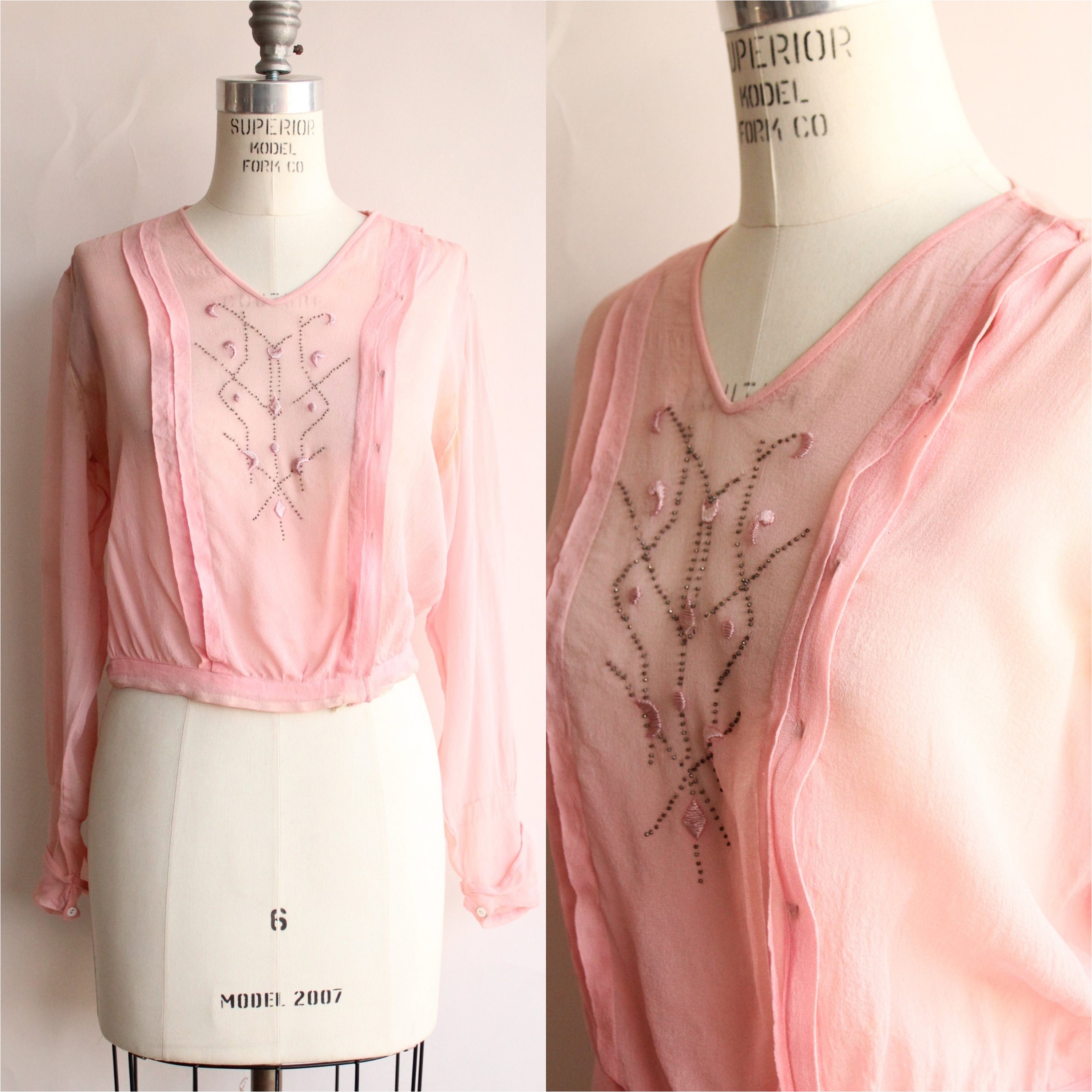 Vintage 1910s Blouse, Lerner Pink Silk Chiffon Top with Beaded and Embroidered Front,