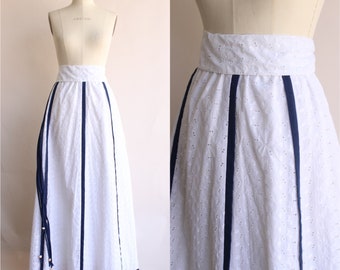 Vintage 1970s Skirt, Chessa Davis Maxiskirt in White Eyelet with Blue Trim, Volup Full Length, Cottage Core Prairie Style