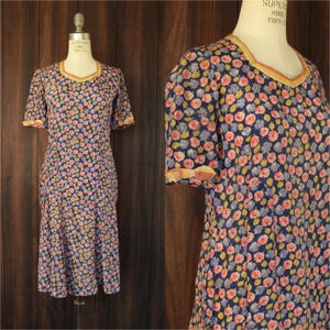 Vintage Antique 1920s Dress, Silk Blue and Pink Floral Print Day Dress, Ribbon Trim, Flapper Era
