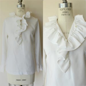 Vintage 1960s Blouse, Teddi of California White Ruffle Collar Top, Zipper Back