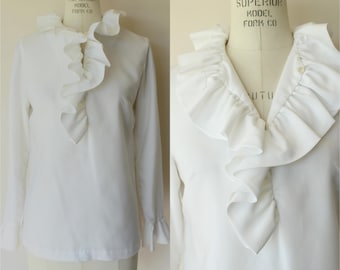Vintage 1960s Blouse, Teddi of California White Ruffle Collar Top, Zipper Back