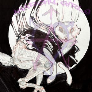 May include: A black and white illustration of a rabbit with a black leather jacket and multiple arms. The rabbit is standing in front of a white circle with a faint image of a person in the background.