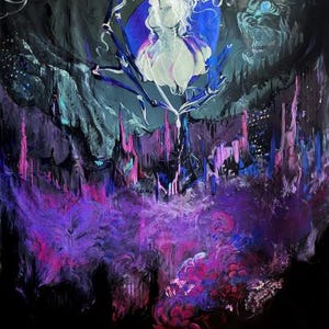 May include: An abstract painting featuring a figure with white hair and a white dress against a blue backdrop. The artwork uses a palette of purple, pink, and blue hues, with a dark, textured background and a surreal, dreamlike quality.