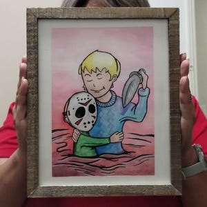 Jason Voorhees Art – Original Watercolor Painting, Friday the 13th Fan Gift, Creepy Cute Horror Wall Decor, Framed 8x10