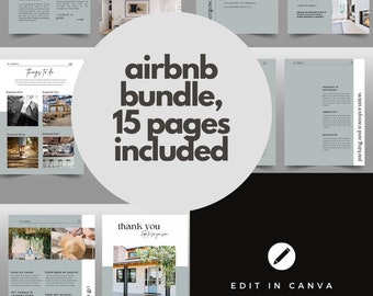 Könnte beinhalten: Ein 15-seitiges Airbnb-Guide-Vorlagenpaket in einem hellgrauen und weißen Farbschema mit einer Schwarzweißillustration eines Hauses. Der Text "airbnb bundle, 15 pages included" ist in einer großen, fetten Schrift. Die Vorlage ist in Canva bearbeitbar.