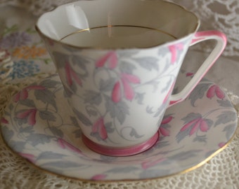 Unique Art Deco style Grafton Teacup - Ashley pattern 5831- Pink and Grey Chintz on white - elegant tea cup - wedding decor - antique teacup