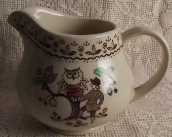 Owl in a tree-  ironstone transferware cream jug -  brown transferware creamer - hand painted owl, berries and man - small creamer