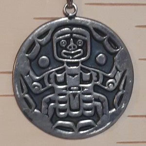 Signed Vintage First Nations West Coast style Sterling pendant and NOS chain- signed CA  -  1.5 inches in diameter, 18 Sterling inch chain