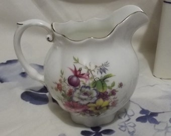 Antique Aynsley china jug - sauce pitcher - milk pitcher  with meadow flowers, green leaves embossed white border design - tea time