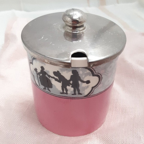 Antique jam jar Crown china, Made in England with silhouette of children playing and pink band., silver plated lid, jam pot confiture