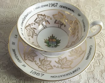 Royal Grafton 1967 Canadian Centennial tea duo, Canadian souvenir, 1967, Pink tea cup, maple leaves, vintage china