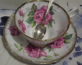 Royal Stafford Berekely Rose - tea duo - gorgeous rose covered on white bone china - shaded gold edges on both pieces pink tea rose