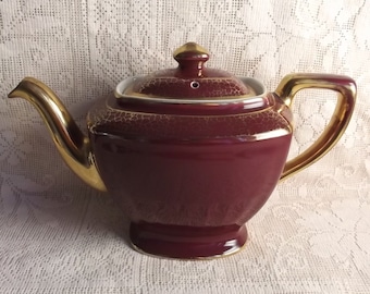 Hall teapot - Vintage made in the USA china tea pot - burgundy and gold - wedding decor - housewarming gift - Made in the USA, teapot