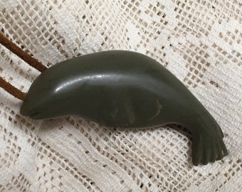 Early Authentic Inuit Beluga Sculptural Pendant by OOleepeka Audlakiak -  Soapstone carving - Beluga whale on hide (can change the leather)