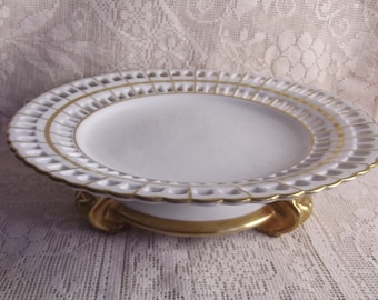 Fine Portugese porcelain cake server with gold luster foot and white lattice openwork on edge - cake serving tray, cupcake serving tray