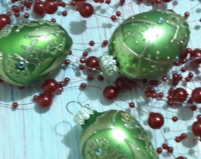 glitter and paint Christmas tree balls retro holiday d\u00e9cor Light green Egg shaped handpainted with rhinestones Vintage tree ornament