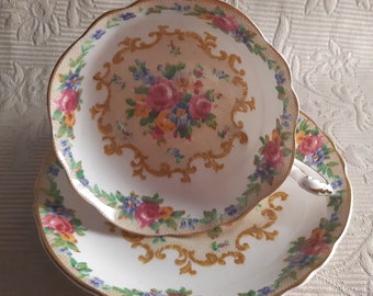 Paragon Double Warrant teacup and saicer with design resembling stitched petite pointe , floral, elegant design tea duo , tea cup