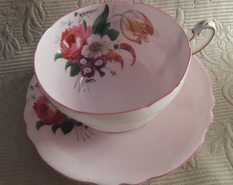 Paragon Double Warrant,  pink and floral tea duo - pale pink with floral and dark pink edge, tulip, anenome, cabbage rose, antique teacup