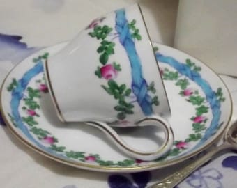 Crown Straffordshire blue bow pink roses, hand painted demitasse coffee cup and saucer - small tea duo  - hot chocolate cup - rare