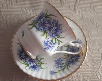 Paragon blue tea duo with cone flowers is a corsette shaped cup and matching saucer, Paragon tea cup and saucer,  Wild flower- summer