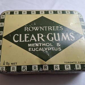 Lata de doces vintage transparente Rowntrees Gums, mentol e eucalipto, 3 x 4,5 polegadas,