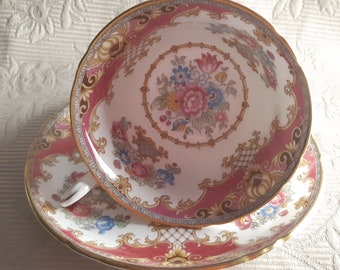 Rare Shelley tea cup and saucer in  dark coral pink and floral tea duo - fine details elegant line work, peonies, Shelley teacup