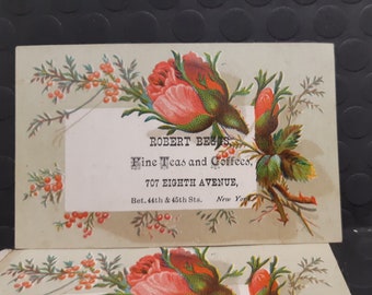 Antique calling card - New York Tea and Coffee Card - Roses -  Mini Post Card - Business Card - Trade card