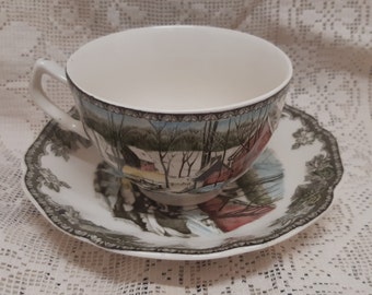 The Friendly Village tea cup by Johnson Brothers- The Ice House with a covered bridge - Transferware ironstone, flaw, see photos