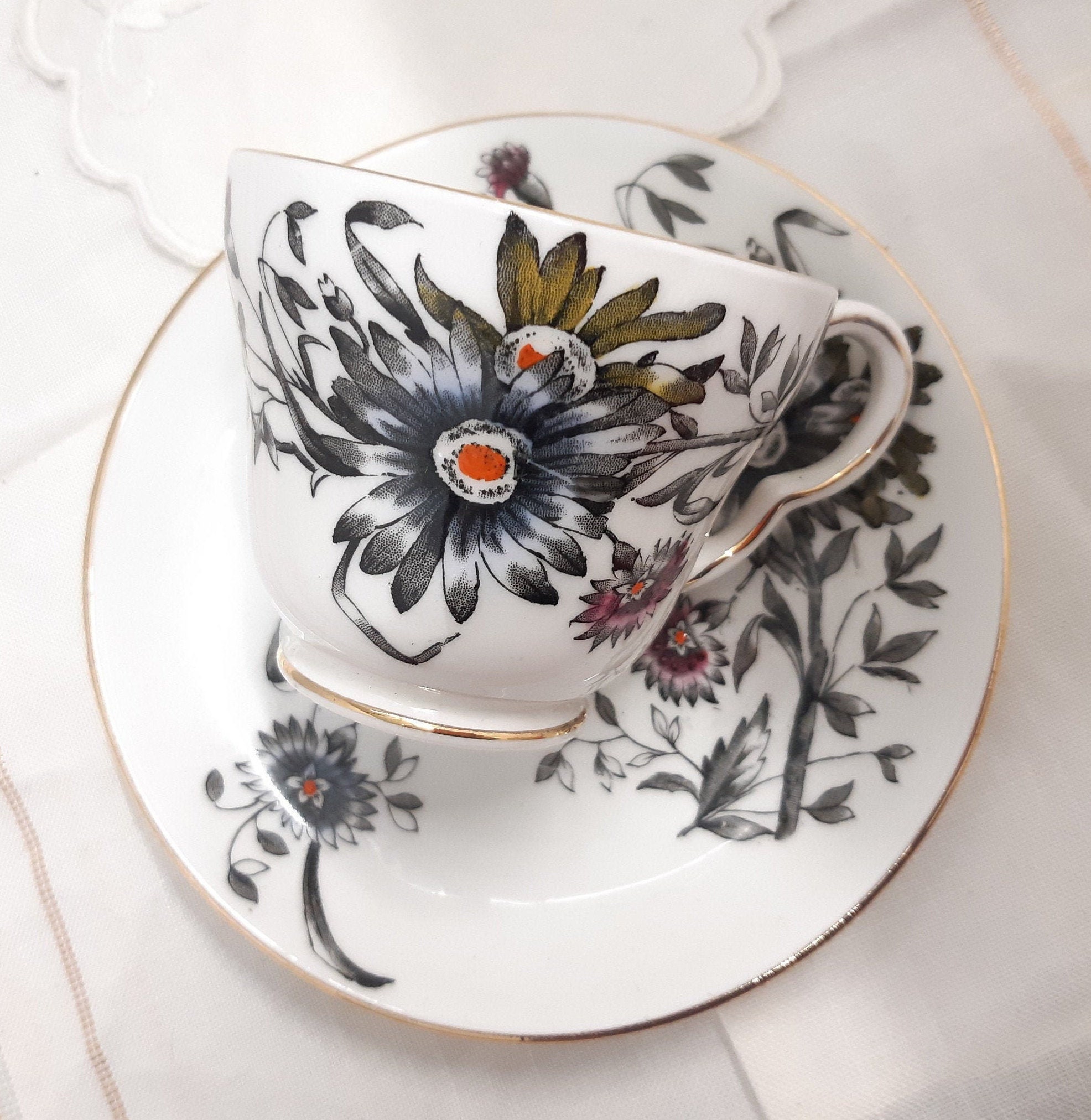 Clearance Stanley floral black and white hand painted tea cup - anemone - England - Bone China tea cup - tea party- vintage wedding -