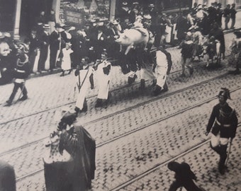 Unique parade card from Belgium with pig carried by men in street scene - antique black and white  litho tourism  post card