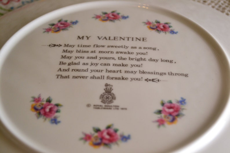 Royal Doulton Valentines plate 8.5 inch plate 1979Romantic scene with embossed border in off white china hearts and roses image 3