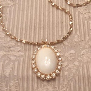 NOS - Faux opal necklace with rhinestones  -  gold toned metal - new old stock jewelry -16 inch chain