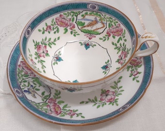 Minton Birks Bird tea duo -Tea cup - England - Bone China tea cup - tea party- vintage wedding - tea time- Victorian, blue teacup