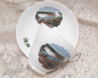 Niagara Falls souvenir cup and saucer , Regency tea duo, vintage souvenir china. View of American Falls from Canadian hotel