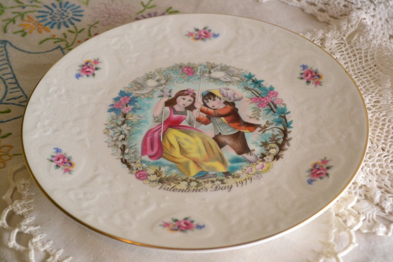 Royal Doulton Valentines plate 8.5 inch plate 1979Romantic scene with embossed border in off white china hearts and roses image 1
