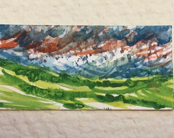 Farm Meadows - Mini Landscape painting - 1 x 2 inch miniature  - 2.5 x 5.1 cm -by  artist Marg Boyle - miniature painting