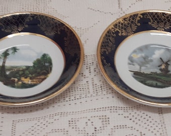 Weatherby by Hanley ring dishes, teabag dish, mint dish, candy dish, earthenware, landscape pattern, midnight blue border, Hanley